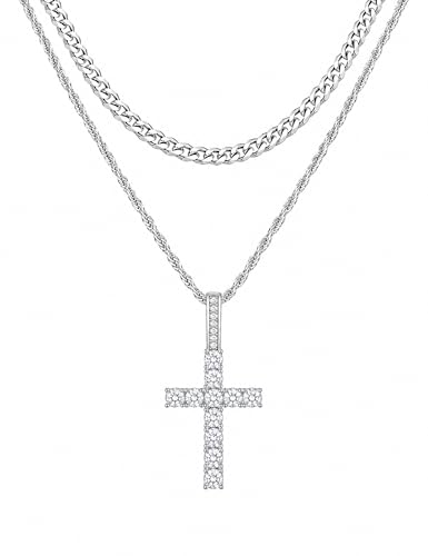 Fiusem Layered Cross Necklace for Men Silver Tone Mens Necklace Chain with Cubic Zirconia Cross Pendant Stainless Steel Cuban and Rope Chain 18/20