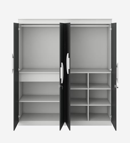 Image of Alton 4 Door Wardrobe | Engineered Wood | Slate Grey Finish | Multi-Shelf Storage with Drawers & Locker | Modern & Spacious | Knock-Down Delivery | 3-Year Warranty