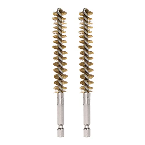 HARFINGTON 2pcs Brass Bore Brush 12mm Dia Cleaning Wire Brush with Handle 1/4 Inch Hex Shank for Tubes, Ports, Bearings