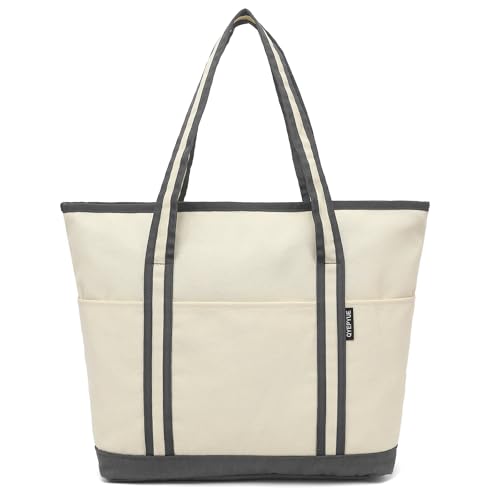 Image of Large Canvas Tote Bag for Women, Beach Bag with Zipper, Utility Tote Bag with 3 Front Pockets, Weekender Pool Bag