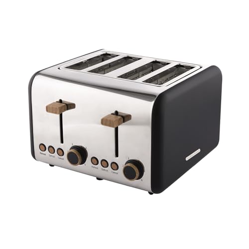 Hamilton Beach Toaster 4 Slice, Scandi, 1500W, 6 Browning Controls, Defrost, Reheat & Cancel Settings, Removable Crumb Tray, Matte Black with Wood Effect - HBT02MB