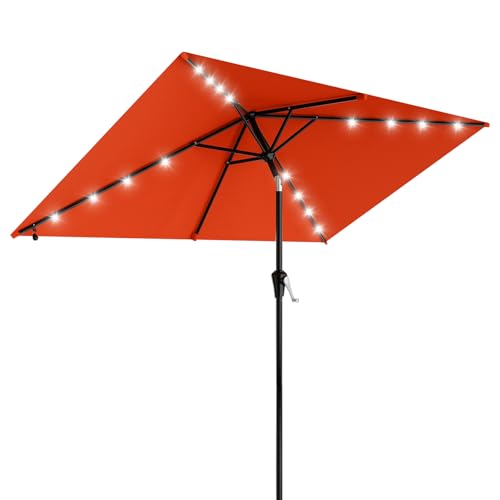 Image of AreShark 6.5' x 10' Rectangular Patio Umbrella with Solar Lights, Solar Powered Lighted Market Umbrella w /Tilt and Crank, Outdoor Table Umbrella for Garden, Deck, Backyard, Pool and Beach, Orange