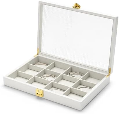Oirlv White 12 Gird Premium Leather Jewelry Organizer Tray with Clear Lid Lockable Jewelry Box Bangle Holder Box for Women (Creamy-white Interior) 12 Grid