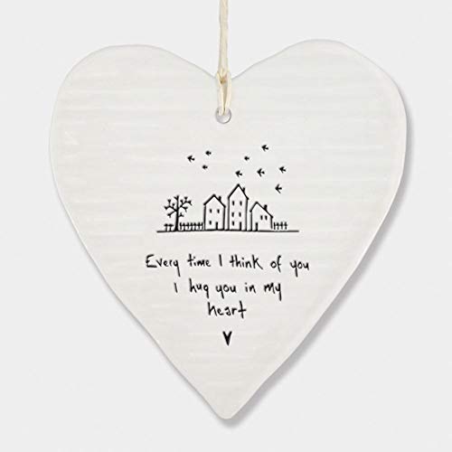 East of India Porcelain Hanging Heart 'Every time I think of you I hug you in my heart' Gift | Hanging Decoration | Sentimental Heart