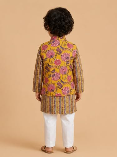 Image of The Mom Store Boys Printed Cotton Kurta Pajama Set With Jacket | Soft And Comfortable Ethnic Wear For Baby /Kids Boys | Full Sleeves Kurta Pyjama Set | Traditional Indian Outfit