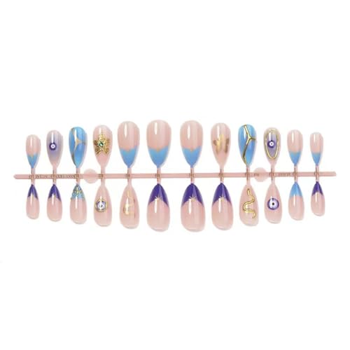 Image of Evil Eye Press on Nails Blue French Tip Fake Nails with Gold Design Flower Snake Glue on Nail Medium Almond Glossy Full Cover Ombre Stick on Nail for Women Girls Manicure 24Pcs