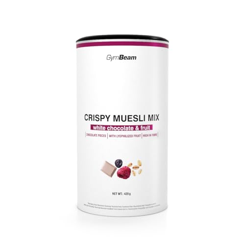 Mezcla de Muesli Crujiente GymBeam con copos de avena, frutas y frutos secos, sabor a fruta de chocolate blanco, 420 g