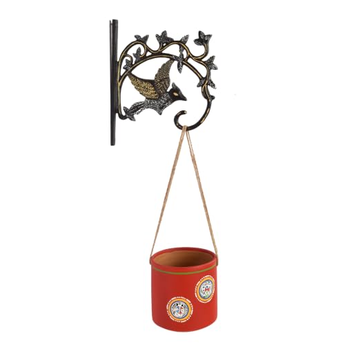 Image of AAKRITI ART CREATIONS Terracotta Hanging Planter with Metal Stand | Red Rose Warli Art, Matte Finish | Decorative Hanging Pot for Indoor & Outdoor Home Decor