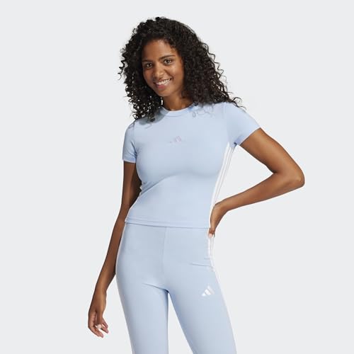 adidas Donna Essentials 3 Stripes Slim Baby T-Shirt, Glow Blue/White, M
