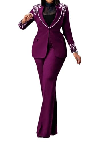 Tcremisa Womens Fashion Pants Suit 2 Piece Business Outfits Pearls Long Sleeve Blazer and Slim Fit Pants Sets