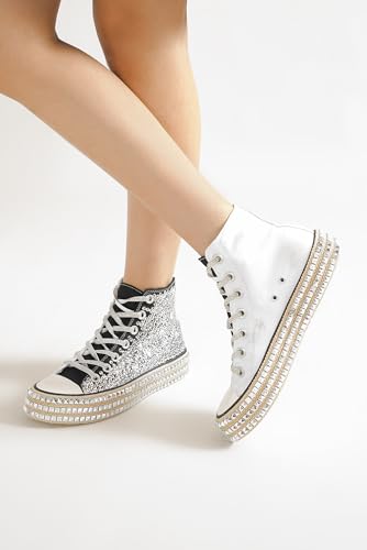 Womens Lace-up High-Top Canvas Sneakers Studded Rhinestone Side Shoes Lace-up Fashion Shoes Casual Platform Boots2