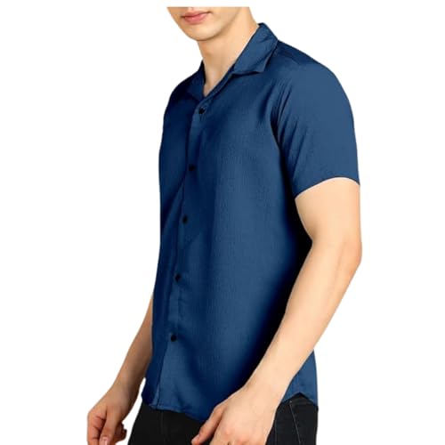 Image of COMBRAIDED Men's Solid Cotton Blend Half Sleeve Shirt - Regular Fit Casual Button-Down Shirt for Office & Travel - Summer & Spring