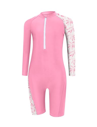 Image of Girls One Piece Rash Guard Swimsuit Long Sleeve Swimsuits with Zipper Patchwork Beach Bathing Suit for Kids 4-13 Years