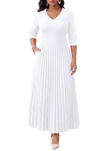 Image of FANDEE Women's V-Neck Pleated Maxi Dress A-Line 3 /4 Sleeve with Pockets