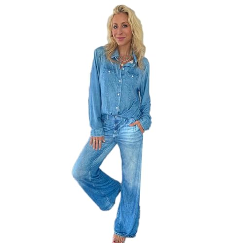 KICILVS Pajama Sets for Women 2 Piece Faux Denim Print Suits Relaxed Shirts and Pants with Pockets Casual Homewear Pajama Set