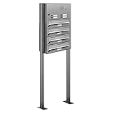 AL Briefkastensysteme 4er Briefkasten mit Klingel als Standbriefkasten, 4 Fach Briefkastenanlage in Edelstahl rostfrei Postkasten modern