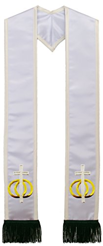 White with Cream Border Clergy Stole with Embroidered Wedding Rings Satin Symbol [MADE IN USA] | 100% Polyester Pastor or Clergy Sash, Stole, or Scarf for Ministers, Priests, & Weddings | 84” Long