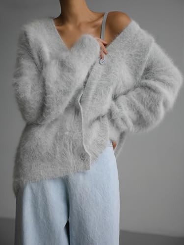 Image of chouyatou Women Furry Open Front Cardigan V-Neck Loose Casual Fluffy Knit Button Down Sweater Coat