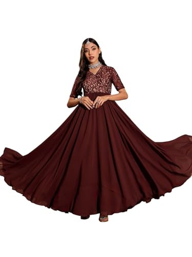 Robe longue Georgette femme bleu sarcelle col en V chic
