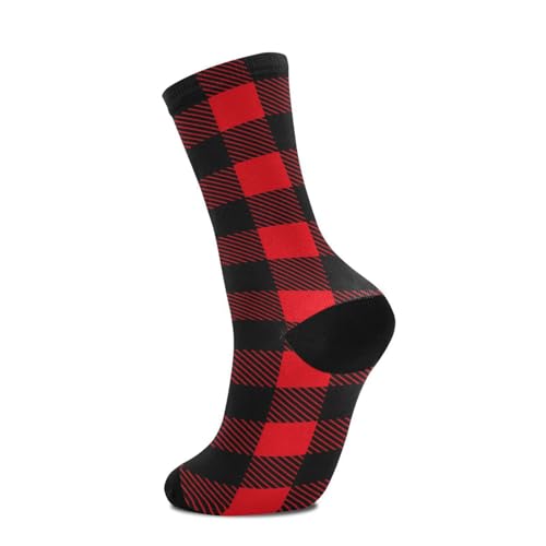 Crew Socks for Men Buffalo Plaid Mens Crew Socks for Hiking Sports Running Red Black4