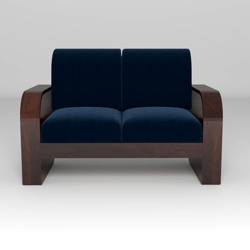 Image of Solid Sheesham Wooden 2 Seater Sofa Set with Blue Cushion for Living Room Furniture - Walnut Finish