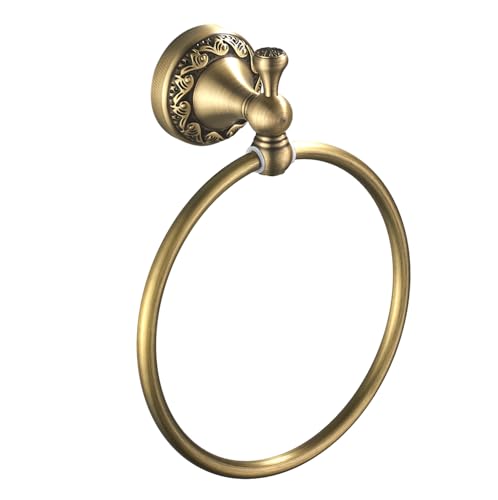 Flybath Round Towel Ring Antique Brass Exquisite Pattern Carving Hanger Hand Towel Holder for Bathroom Kitchen Accessories Wall Mounted, Brushed Brass