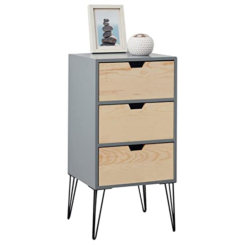 IDIMEX Table de Chevet Bahia Meuble de Nuit avec 3 tiroirs de Coloris Gris et Bois Naturel avec Pieds épingle en métal Noir, Style Vintage rétro scandinave