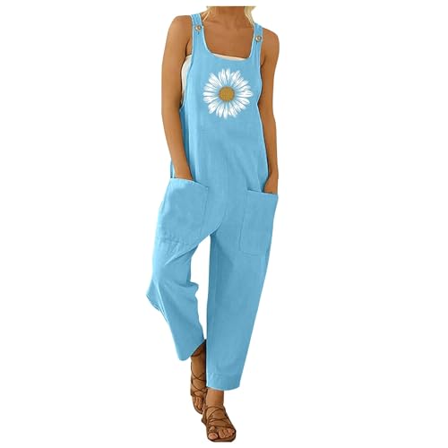 Generisch Mono para mujer con estampado de moda informal y tirantes sueltos y peto abotonado, azul celeste, S