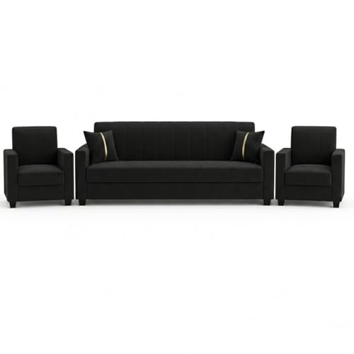 Image of FURNY Cosmos 3 Seater + 1 Seater + 1 Seater Fabric Sofa Set (Black) with Velvet Finish | Durable Comfort | Ideal for Living Room