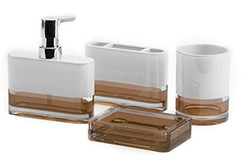 IMMANUEL Float Designer 4-Piece, Translucent Modern Brown White Bathroom Accessory Ensemble Set (Tumbler, Toothbrush Holder, Lotion Dispenser and Soap Dish Included), Durable MS Acrylic Bath Organizer
