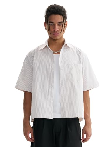 QJT Mens Striped Shirts Short Sleeve Casual Shirts Button Down Shirt for Men Streetwear Casual Boxy Blue Shirt (US, Alpha, X-Large, Regular, Regular, White)
