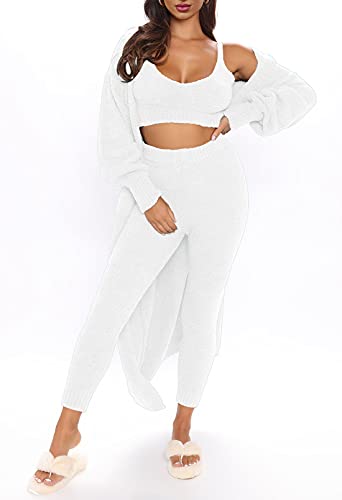 Image of Fixmatti Women's Fuzzy 3 Piece Sweatsuit Open Front Cardigan Crop Tank Tops Wide Legs Pants Lounge Sets