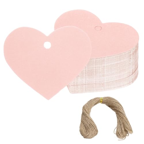 Etiquetas de regalo con cuerda yute: papel en blanco con forma de corazón rosa, 100 unidades