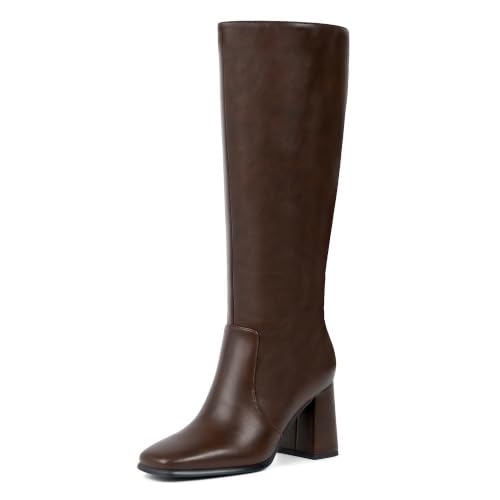 Image of Knee High Boots Women Square Toe Chunky Heel Fashion Tall Boots | Block Heel Gogo Boots with Side Zipper,Fashion Heeled Fall Winter Boots,Long Dressy Boots for Women