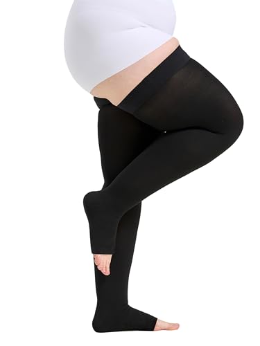 Image of Plus Size 5XL Thigh High Open Toe Compression Stockings 15-20mmHg for Men and Women, Thigh High Length, Dot-Top, Open Toe, Black