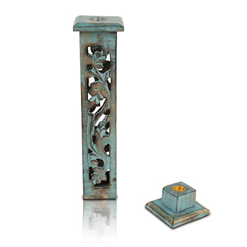 Wooden Incense Stick & Cone Burner Holder Tower Large Organic Eco Friendly Ash Catcher Agarbatti Holder Rustic Style Hand Carved For Meditation Aromatherapy Home Fragrance Products (Blue Wash Finish) #TOP2