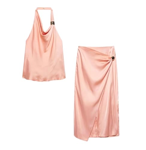 Ensemble satin 2 pièces femme jupe fendue haut dos nu d'été