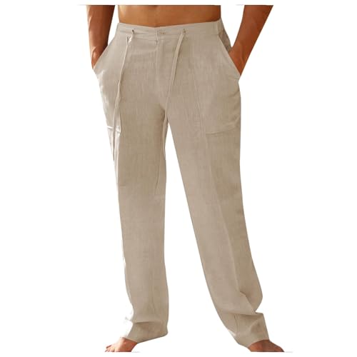 Men's Linen Beach Pants Elastic Waist Drawstring Trousers Solid Color Loose Trousers Summer Lightweight Yoga Pants