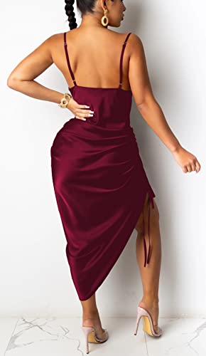 Image of Club Dress Sexy Dress for Women Wedding Party Birthday Cocktail Spaghetti Strap Satin Side Ruched Midi Mini Dress