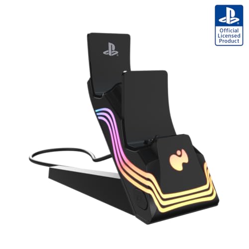 Image of PDP Afterglow Wave LED Dual Gaming Charger for 2 PlayStation 5 DualSense Controllers, Compatible with PS5 and PS4, Customizable RGB Lighting Effects - Black
