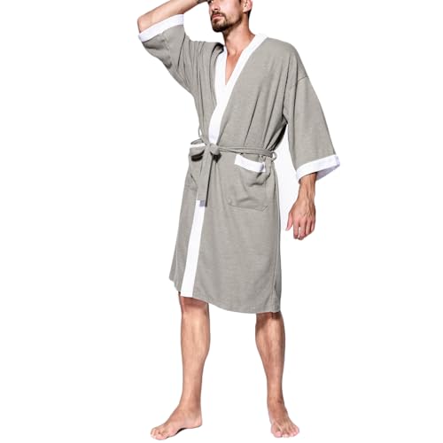 Men's Robe waffle Bathrobe Soft Knee Length Sleepwear Color Block Patchwork Loose Breathable Leisurewear Homewear3