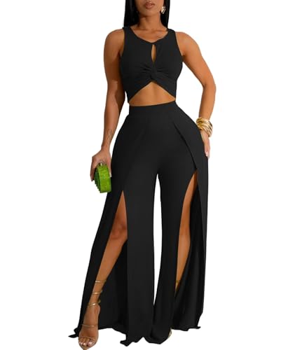 Ekaliy Women's 2 Piece Outfit Sexy Crop Tank Top and High Split Wide Leg Pants Sets Elegant Vacation Jumpsuits Going Out Suit