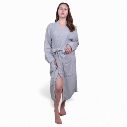 Image of Muslin Bathrobe - Cotton Gauze Robe for Women and Men - Lightweight Breathable Summer Kimono - Boho Spa /Maternity Robe