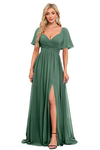 Image of Women's Flutter Sleeves Chiffon Bridesmaid Dresses with Slit Long A Line V-Neck Formal Party Dress with Pockets