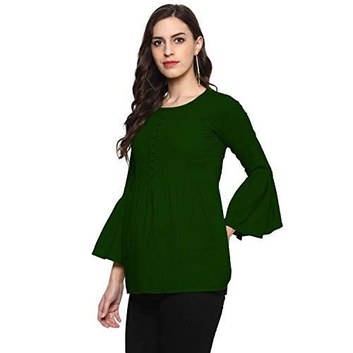 Image of Cotton Plain and Solid Bell Sleeve A-Line Short Round Neck Flared Tunic Top for Girls Women