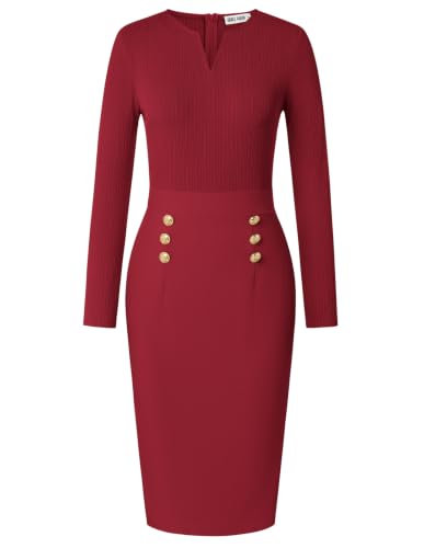 Image of GRACE KARIN Women's 2026 Fall Long Sleeve Work Midi Dress | Bodycon, Business Casual, Office Sheath, Church, Henley V Neck, Metal Button, Elegant, Ribbed Knit, Formal, Stretchy
