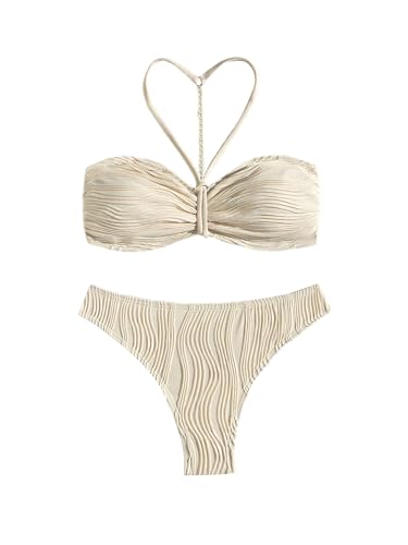 MakeMeChic Women's Halter Bikini Set Textured Pearl Tie Back Bathing Suit Swimsuits