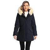 PUREMSX Down Jacket Women, Windproof Insulated Hooded Faux Fur Long Puffer Duck Down Skiing Snow Jacket Gifts,Navy,Medium