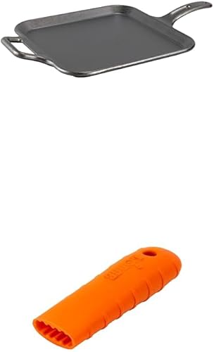 Lodge BOLD Plancha cuadrada de hierro fundido sazonado de 12 pulgadas + soporte de silicona Lodge BOLD para mango caliente, naranja ardiente