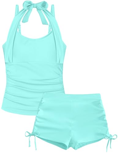 Image of Girls Swimsuit 2 Piece Halterneck Girls Tankini Swimsuit Drawstring Printed Swim Shorts Girl Bathing Suit for 7-18T